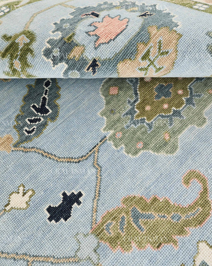 Hand Knotted Oushak Rug – Light Blue & Ivory Vintage Floral Wool Area Rug | Traditional Turkish Inspired Handmade Carpet