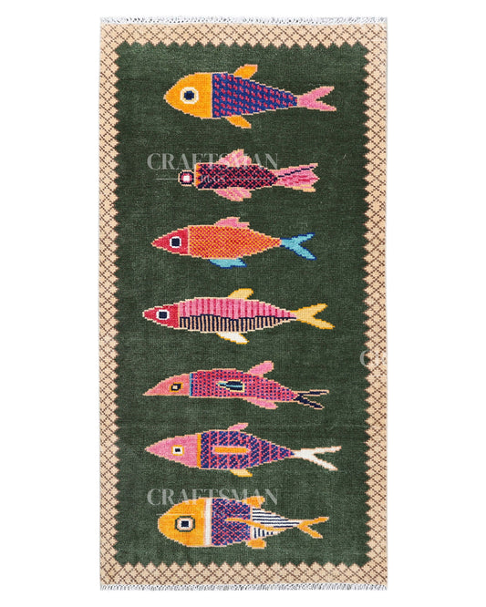 Luxury Hand Knotted Wool Fish Design Rug, Green Tribal Carpet with Gold Geometric Border for Living Room & Bedroom
