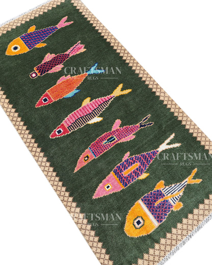 Luxury Hand Knotted Wool Fish Design Rug, Green Tribal Carpet with Gold Geometric Border for Living Room & Bedroom