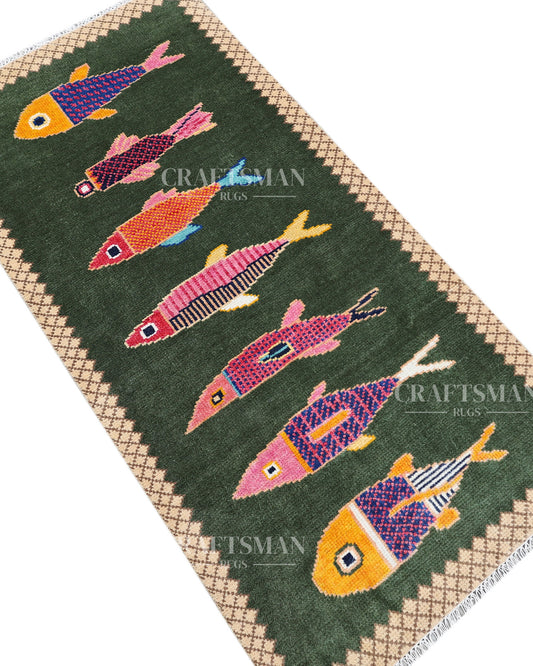 Luxury Hand Knotted Wool Fish Design Rug, Green Tribal Carpet with Gold Geometric Border for Living Room & Bedroom