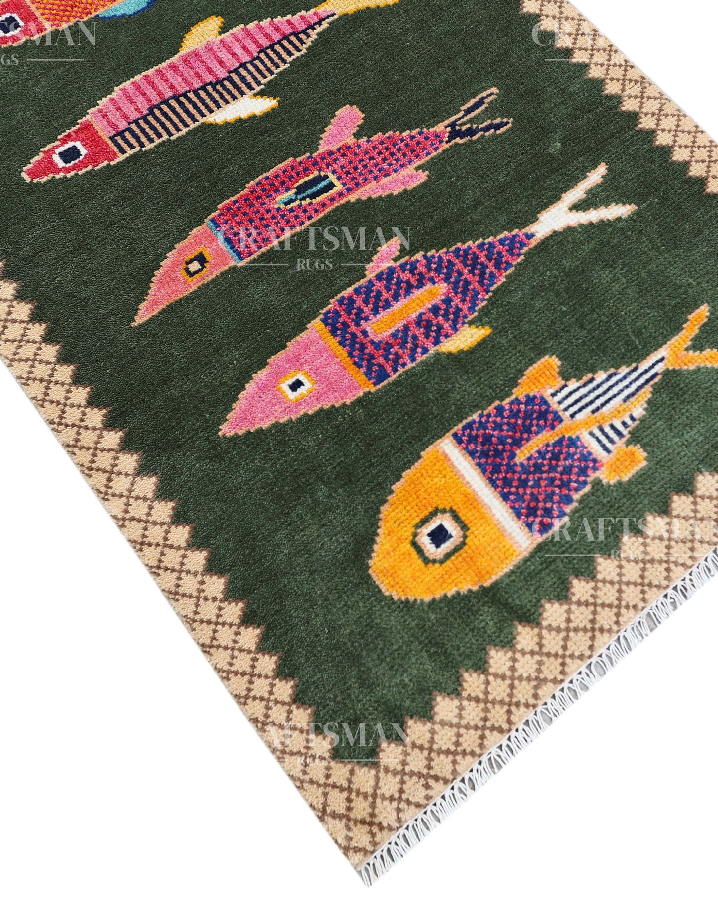 Luxury Hand Knotted Wool Fish Design Rug, Green Tribal Carpet with Gold Geometric Border for Living Room & Bedroom