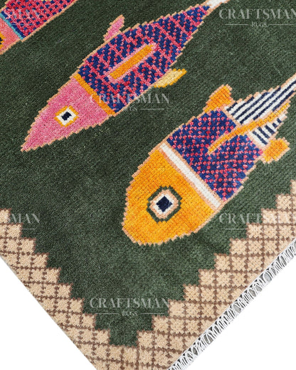 Luxury Hand Knotted Wool Fish Design Rug, Green Tribal Carpet with Gold Geometric Border for Living Room & Bedroom