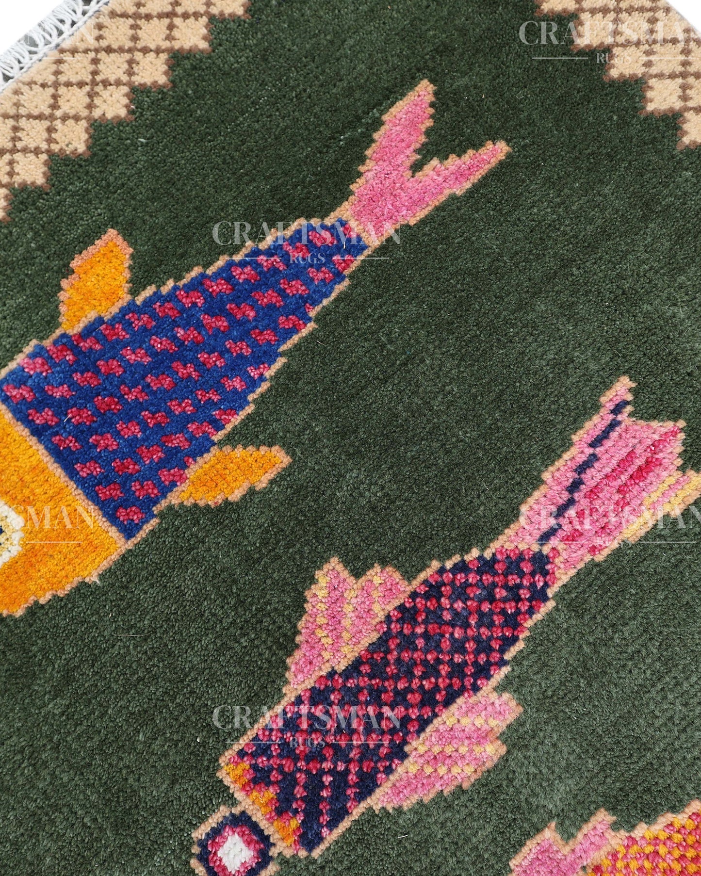 Luxury Hand Knotted Wool Fish Design Rug, Green Tribal Carpet with Gold Geometric Border for Living Room & Bedroom