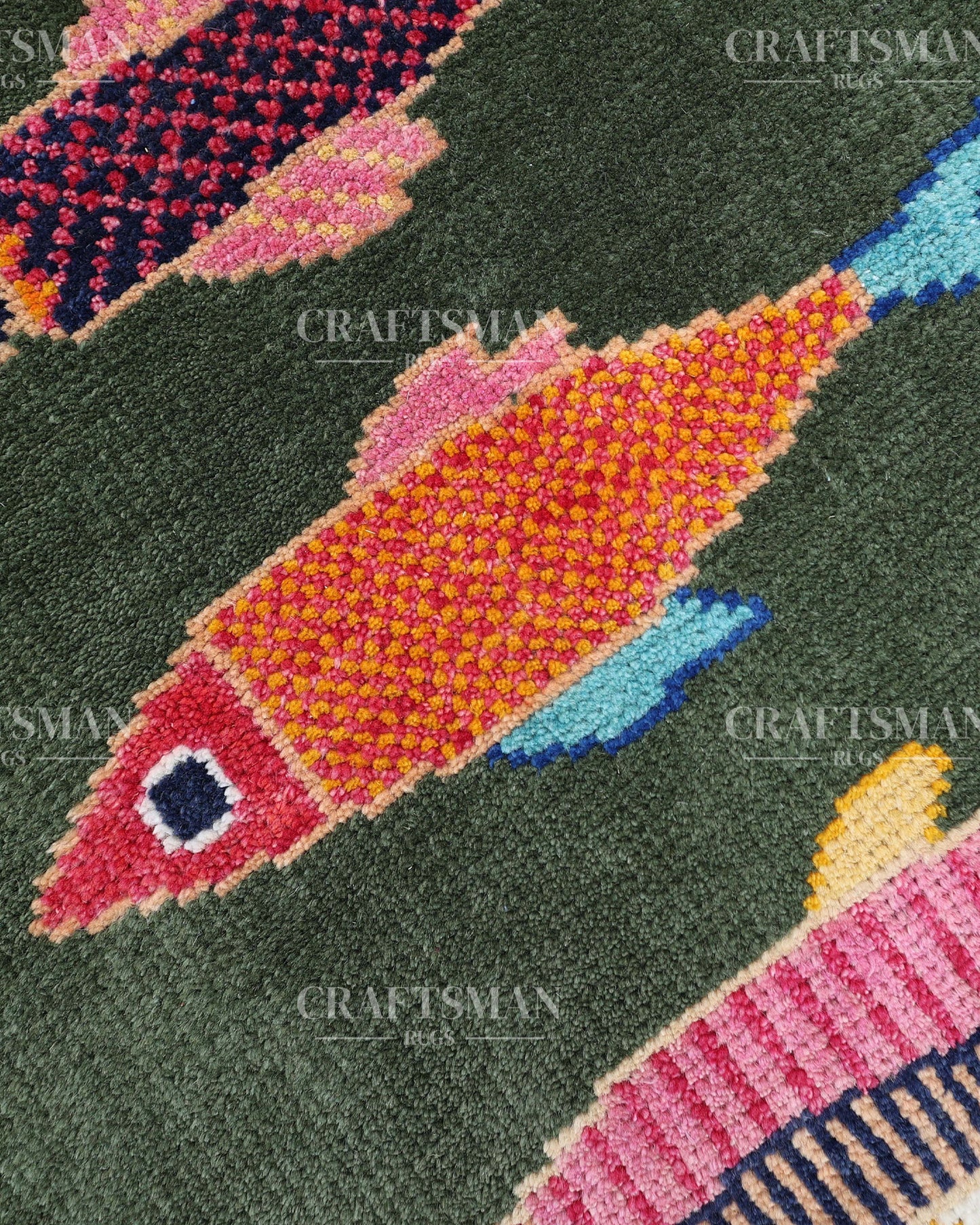 Luxury Hand Knotted Wool Fish Design Rug, Green Tribal Carpet with Gold Geometric Border for Living Room & Bedroom