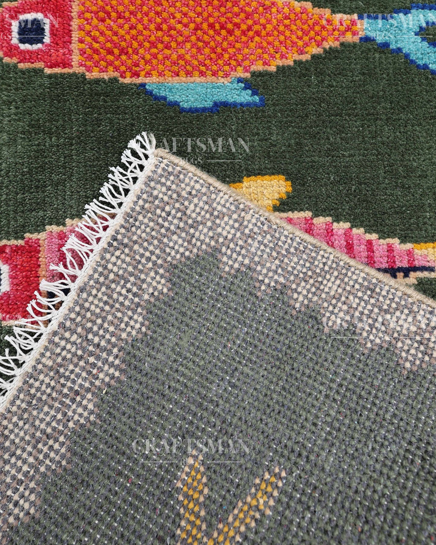 Luxury Hand Knotted Wool Fish Design Rug, Green Tribal Carpet with Gold Geometric Border for Living Room & Bedroom