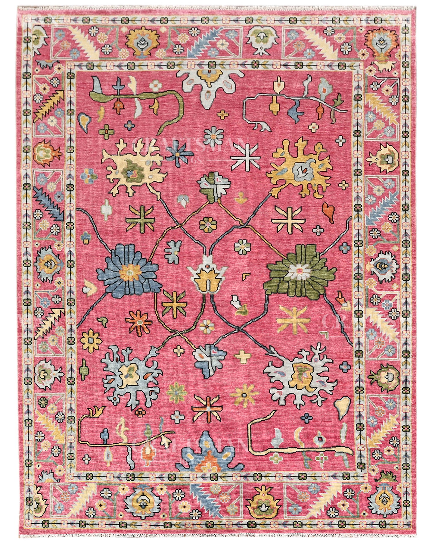 Pink Floral Hand Knotted Wool Rug – Vintage Oushak Area Rug, Handmade Oriental Carpet, Living Room Bedroom Decorative Rug