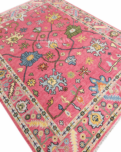 Pink Floral Hand Knotted Wool Rug – Vintage Oushak Area Rug, Handmade Oriental Carpet, Living Room Bedroom Decorative Rug