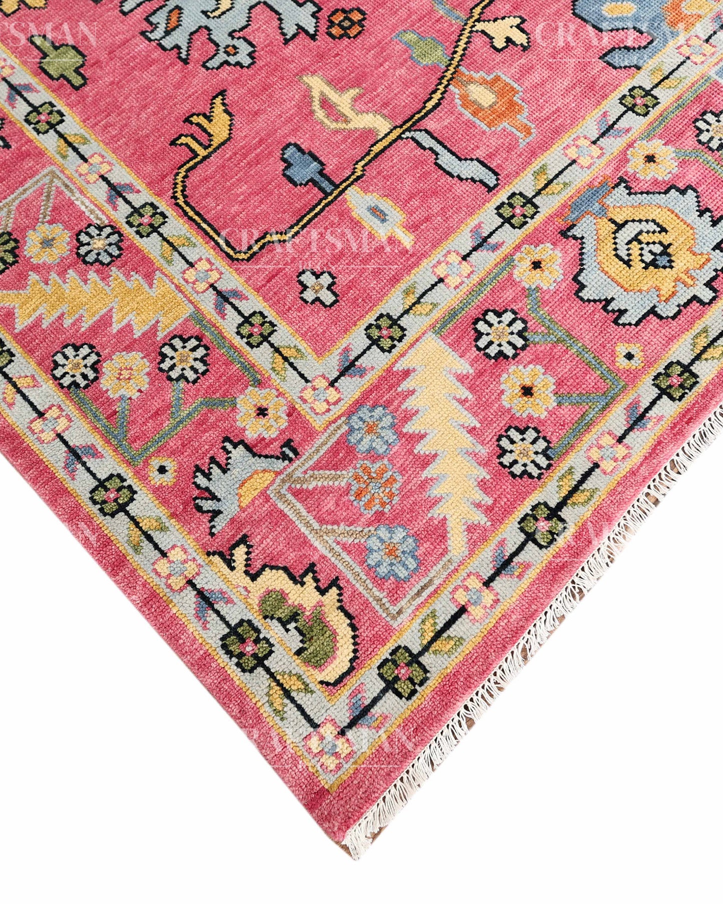 Pink Floral Hand Knotted Wool Rug – Vintage Oushak Area Rug, Handmade Oriental Carpet, Living Room Bedroom Decorative Rug