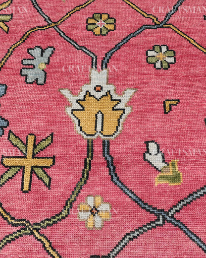 Pink Floral Hand Knotted Wool Rug – Vintage Oushak Area Rug, Handmade Oriental Carpet, Living Room Bedroom Decorative Rug