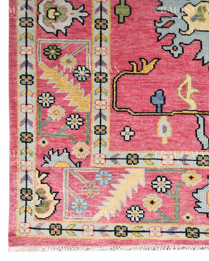 Pink Floral Hand Knotted Wool Rug – Vintage Oushak Area Rug, Handmade Oriental Carpet, Living Room Bedroom Decorative Rug