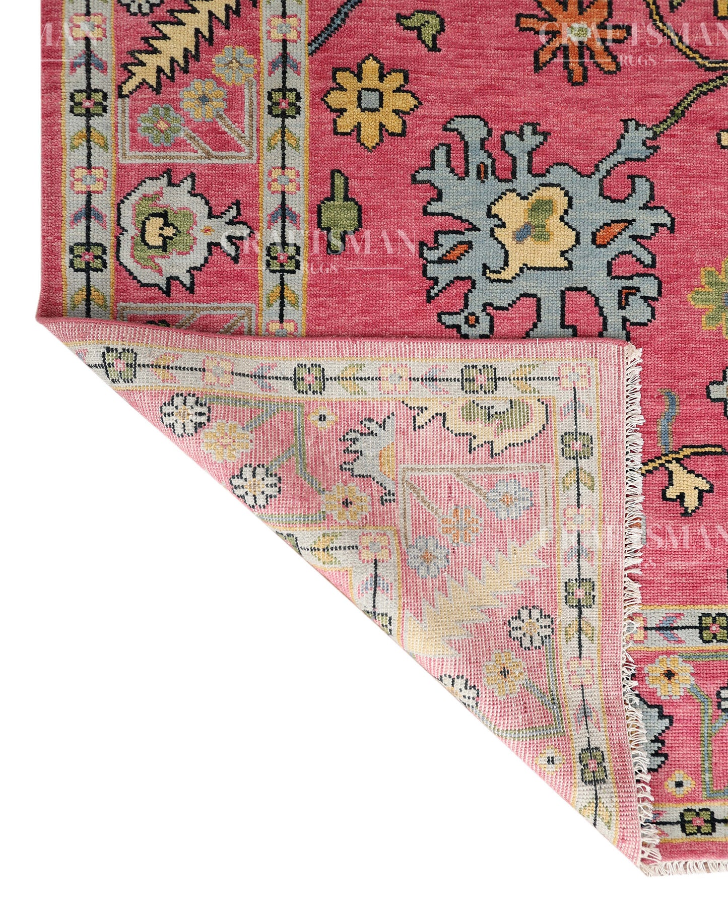Pink Floral Hand Knotted Wool Rug – Vintage Oushak Area Rug, Handmade Oriental Carpet, Living Room Bedroom Decorative Rug