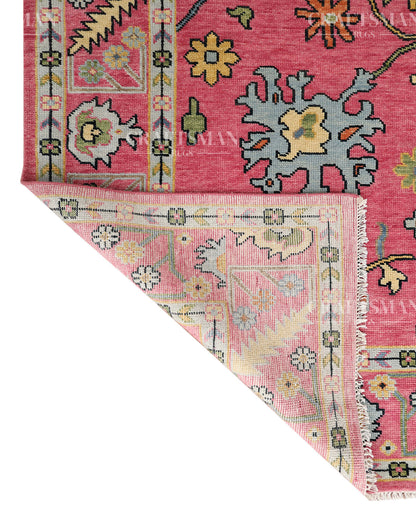 Pink Floral Hand Knotted Wool Rug – Vintage Oushak Area Rug, Handmade Oriental Carpet, Living Room Bedroom Decorative Rug