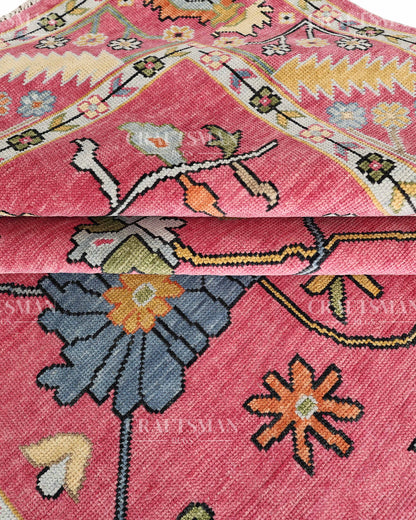 Pink Floral Hand Knotted Wool Rug – Vintage Oushak Area Rug, Handmade Oriental Carpet, Living Room Bedroom Decorative Rug