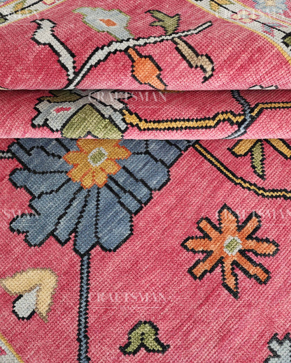 Pink Floral Hand Knotted Wool Rug – Vintage Oushak Area Rug, Handmade Oriental Carpet, Living Room Bedroom Decorative Rug