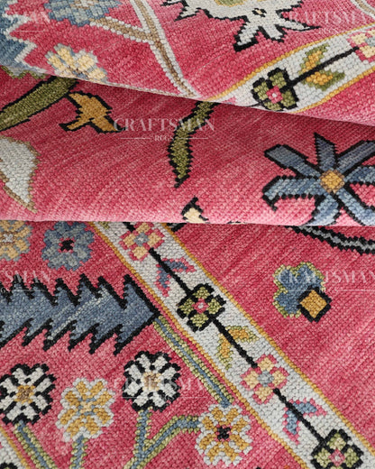 Pink Floral Hand Knotted Wool Rug – Vintage Oushak Area Rug, Handmade Oriental Carpet, Living Room Bedroom Decorative Rug