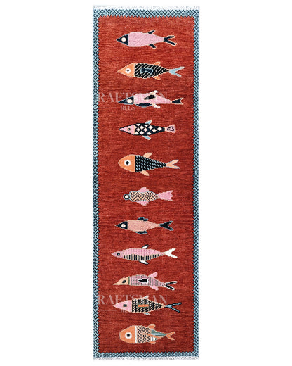 Hand Knotted Fish Runner Rug – Tribal Moroccan Wool Hallway Carpet | Vintage Boho Runner Rug