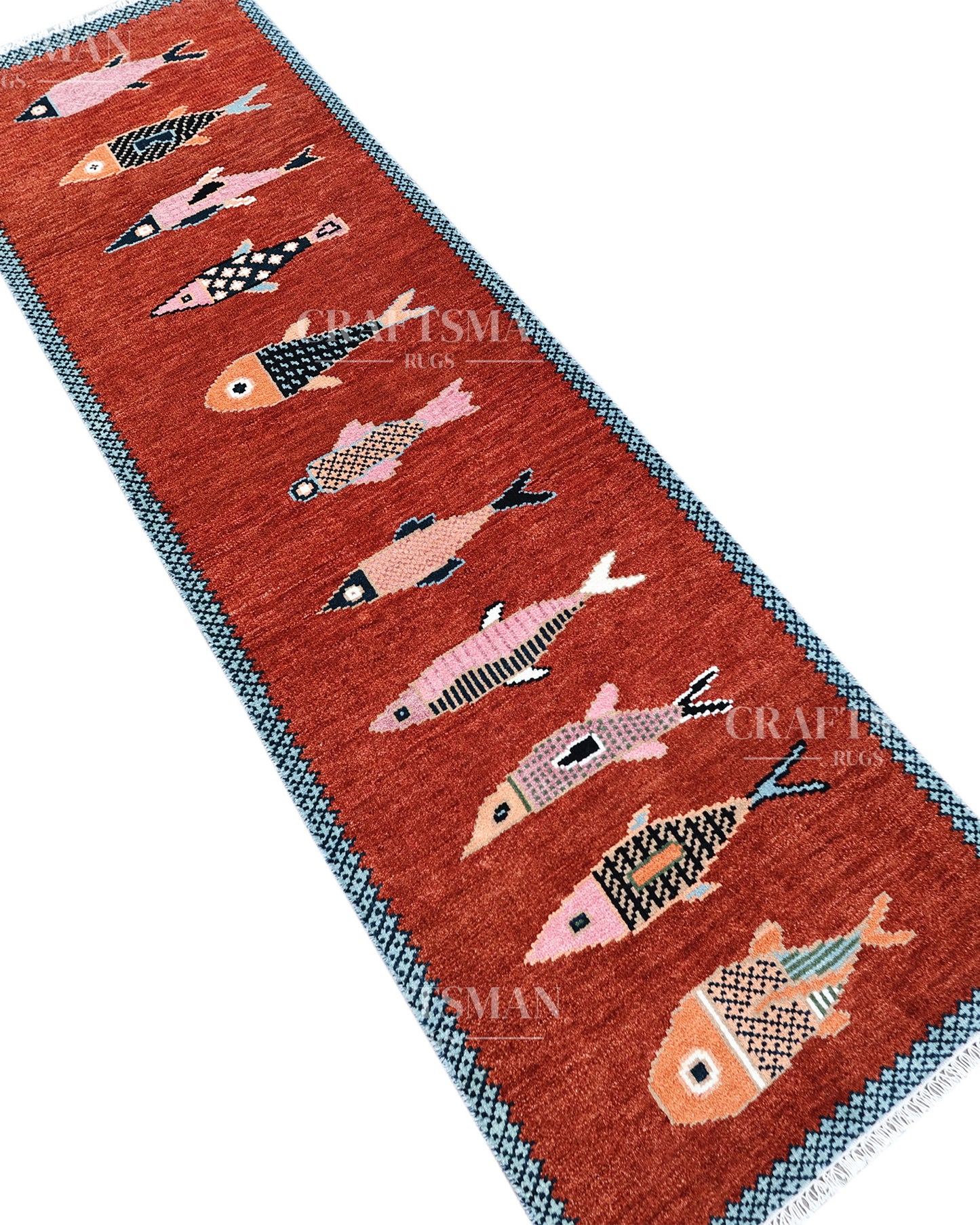 Hand Knotted Fish Runner Rug – Tribal Moroccan Wool Hallway Carpet | Vintage Boho Runner Rug