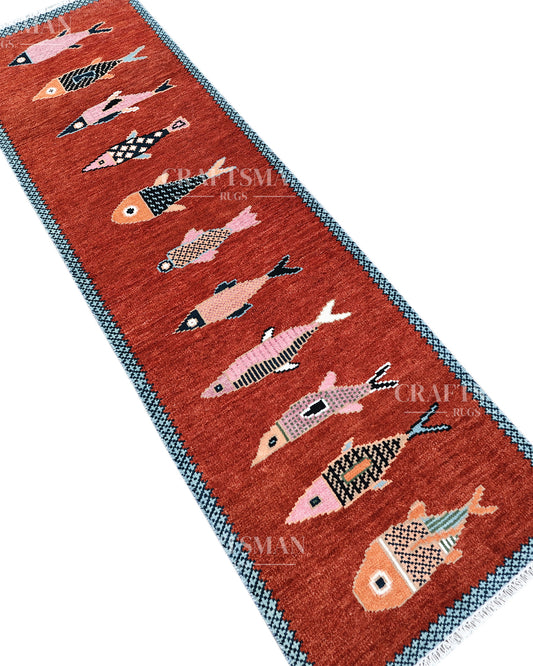 Hand Knotted Fish Runner Rug – Tribal Moroccan Wool Hallway Carpet | Vintage Boho Runner Rug