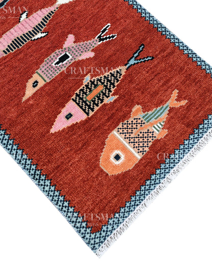 Hand Knotted Fish Runner Rug – Tribal Moroccan Wool Hallway Carpet | Vintage Boho Runner Rug