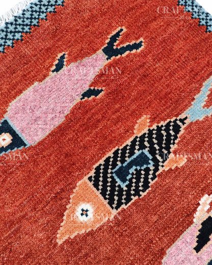 Hand Knotted Fish Runner Rug – Tribal Moroccan Wool Hallway Carpet | Vintage Boho Runner Rug