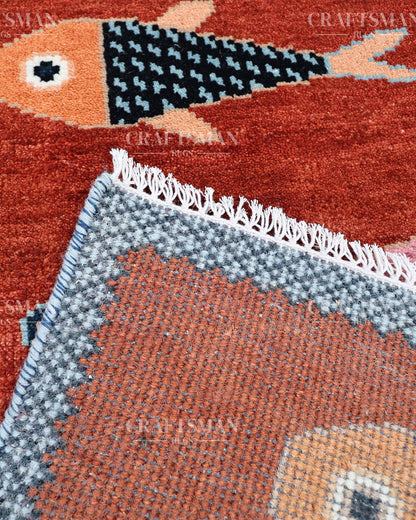 Hand Knotted Fish Runner Rug – Tribal Moroccan Wool Hallway Carpet | Vintage Boho Runner Rug