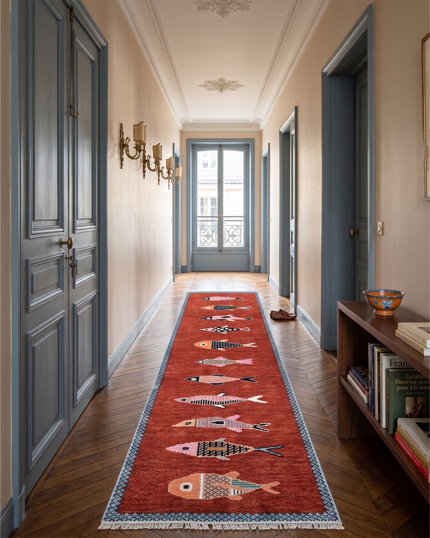 Hand Knotted Fish Runner Rug – Tribal Moroccan Wool Hallway Carpet | Vintage Boho Runner Rug