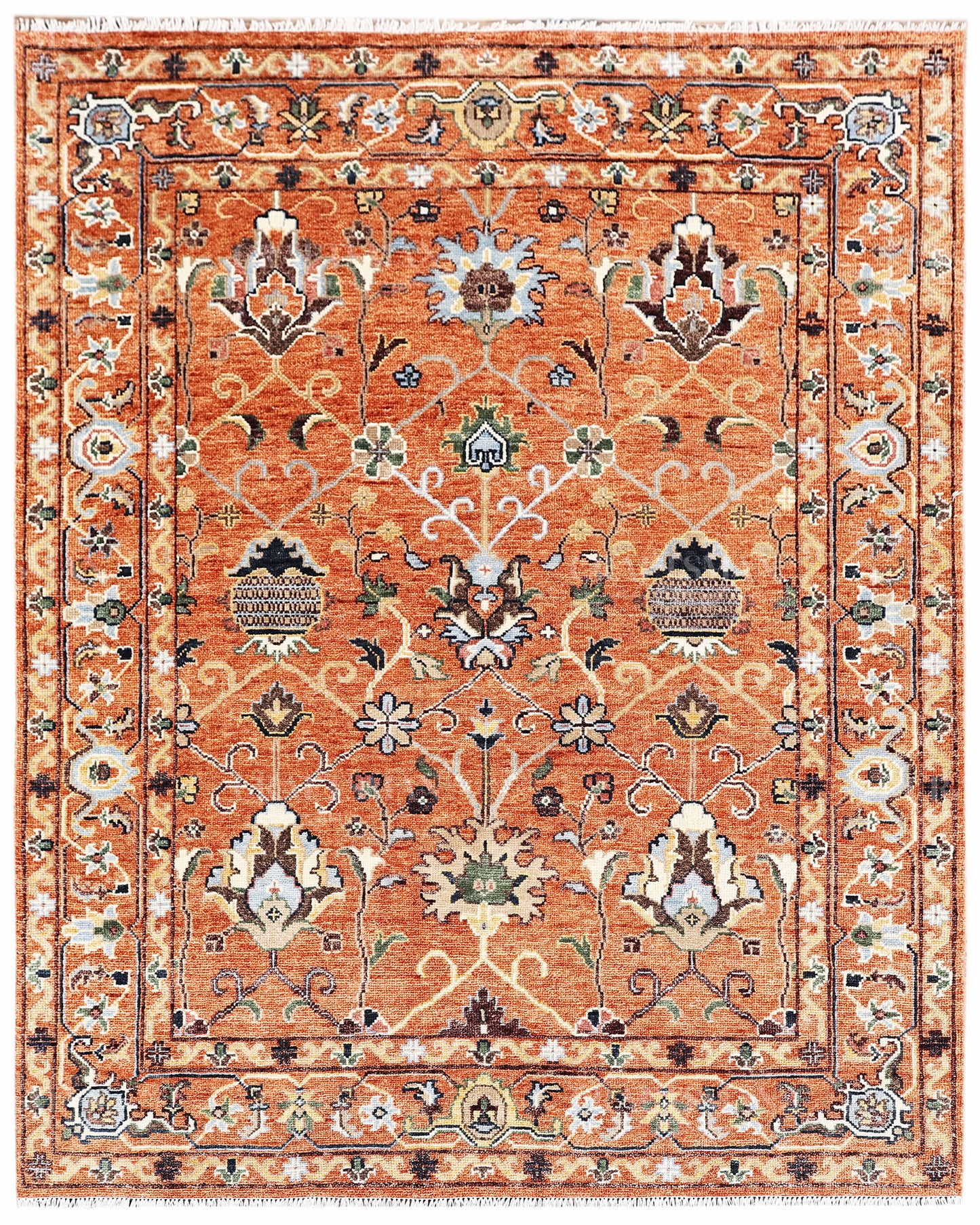 Hand Knotted Oushak Rug – Vintage Burnt Orange Floral Persian Area Rug with Botanical Medallion Design, Traditional Wool Handmade Carpet