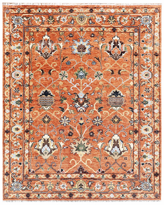 Hand Knotted Oushak Rug – Vintage Burnt Orange Floral Persian Area Rug with Botanical Medallion Design, Traditional Wool Handmade Carpet