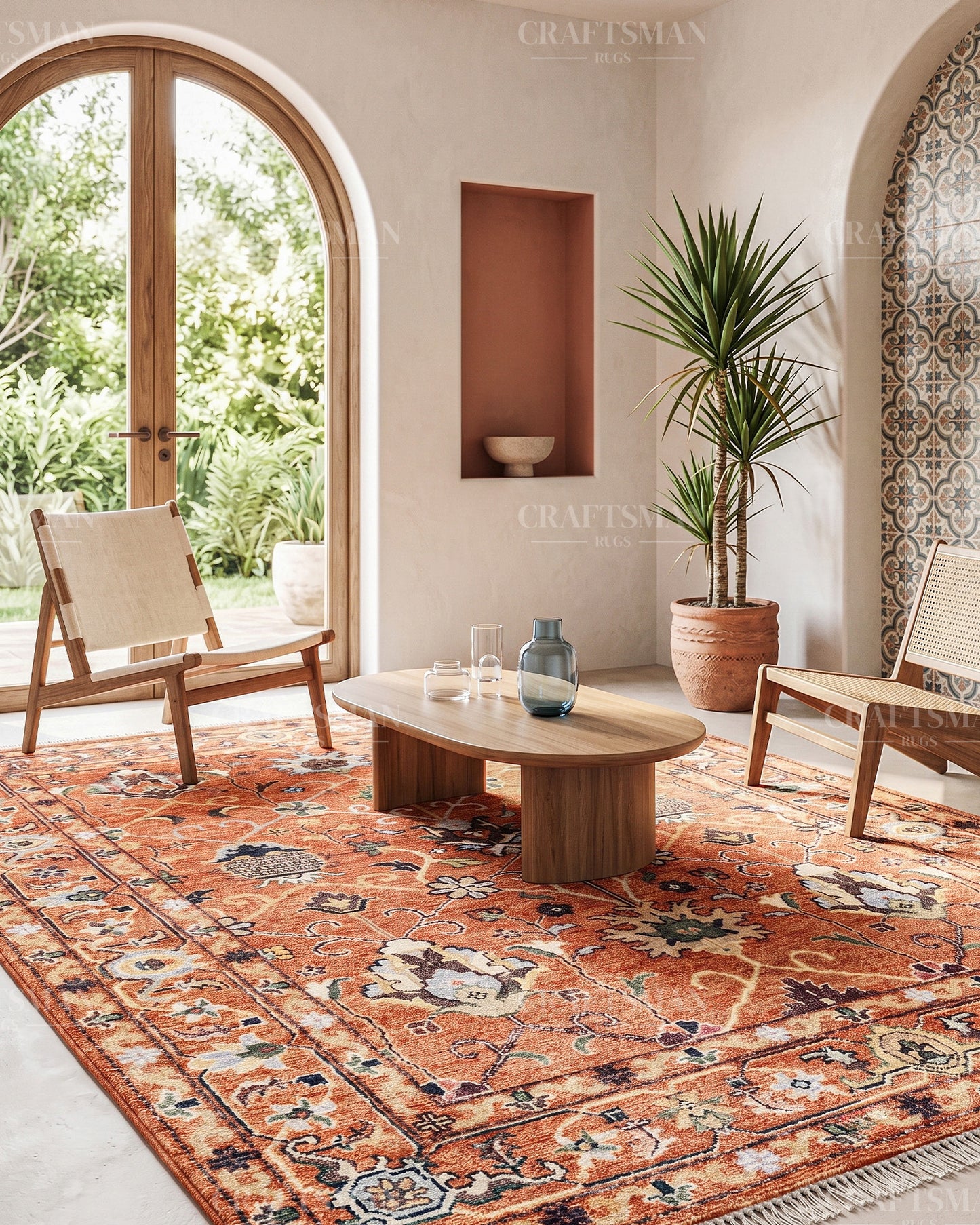 Hand Knotted Oushak Rug – Vintage Burnt Orange Floral Persian Area Rug with Botanical Medallion Design, Traditional Wool Handmade Carpet