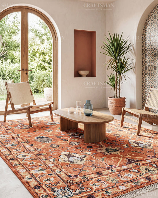 Hand Knotted Oushak Rug – Vintage Burnt Orange Floral Persian Area Rug with Botanical Medallion Design, Traditional Wool Handmade Carpet