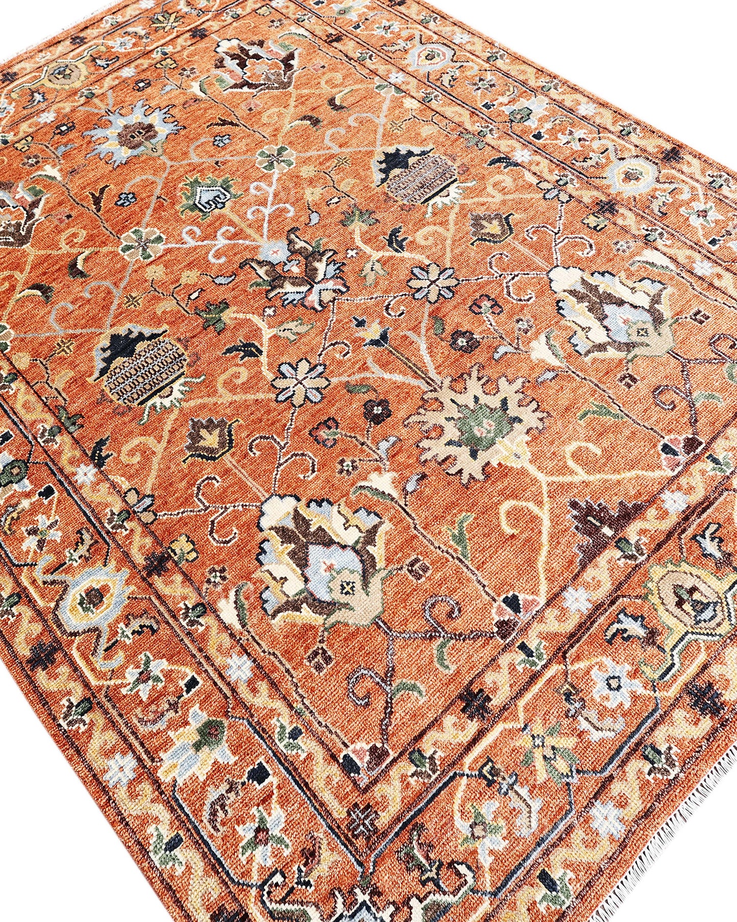 Hand Knotted Oushak Rug – Vintage Burnt Orange Floral Persian Area Rug with Botanical Medallion Design, Traditional Wool Handmade Carpet