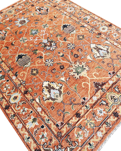 Hand Knotted Oushak Rug – Vintage Burnt Orange Floral Persian Area Rug with Botanical Medallion Design, Traditional Wool Handmade Carpet