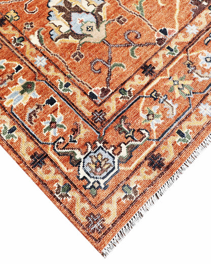 Hand Knotted Oushak Rug – Vintage Burnt Orange Floral Persian Area Rug with Botanical Medallion Design, Traditional Wool Handmade Carpet