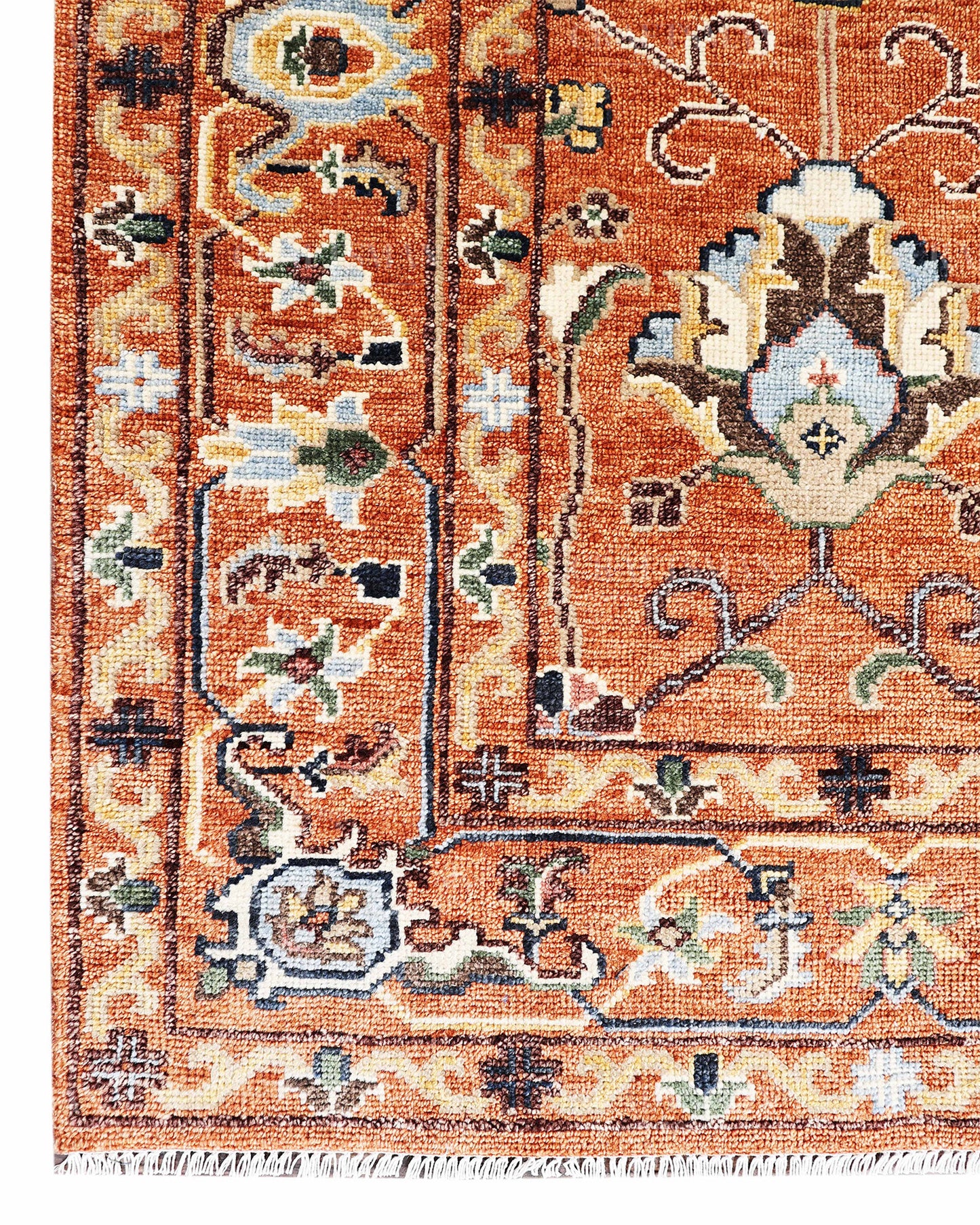 Hand Knotted Oushak Rug – Vintage Burnt Orange Floral Persian Area Rug with Botanical Medallion Design, Traditional Wool Handmade Carpet