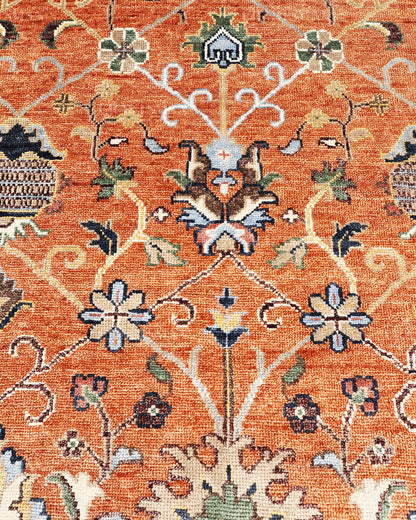 Hand Knotted Oushak Rug – Vintage Burnt Orange Floral Persian Area Rug with Botanical Medallion Design, Traditional Wool Handmade Carpet