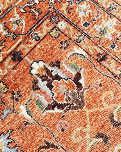 Hand Knotted Oushak Rug – Vintage Burnt Orange Floral Persian Area Rug with Botanical Medallion Design, Traditional Wool Handmade Carpet