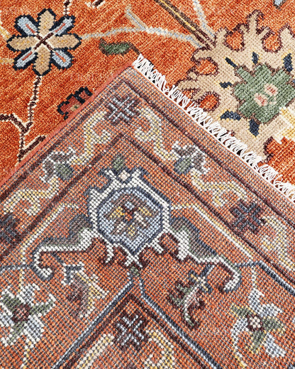 Hand Knotted Oushak Rug – Vintage Burnt Orange Floral Persian Area Rug with Botanical Medallion Design, Traditional Wool Handmade Carpet