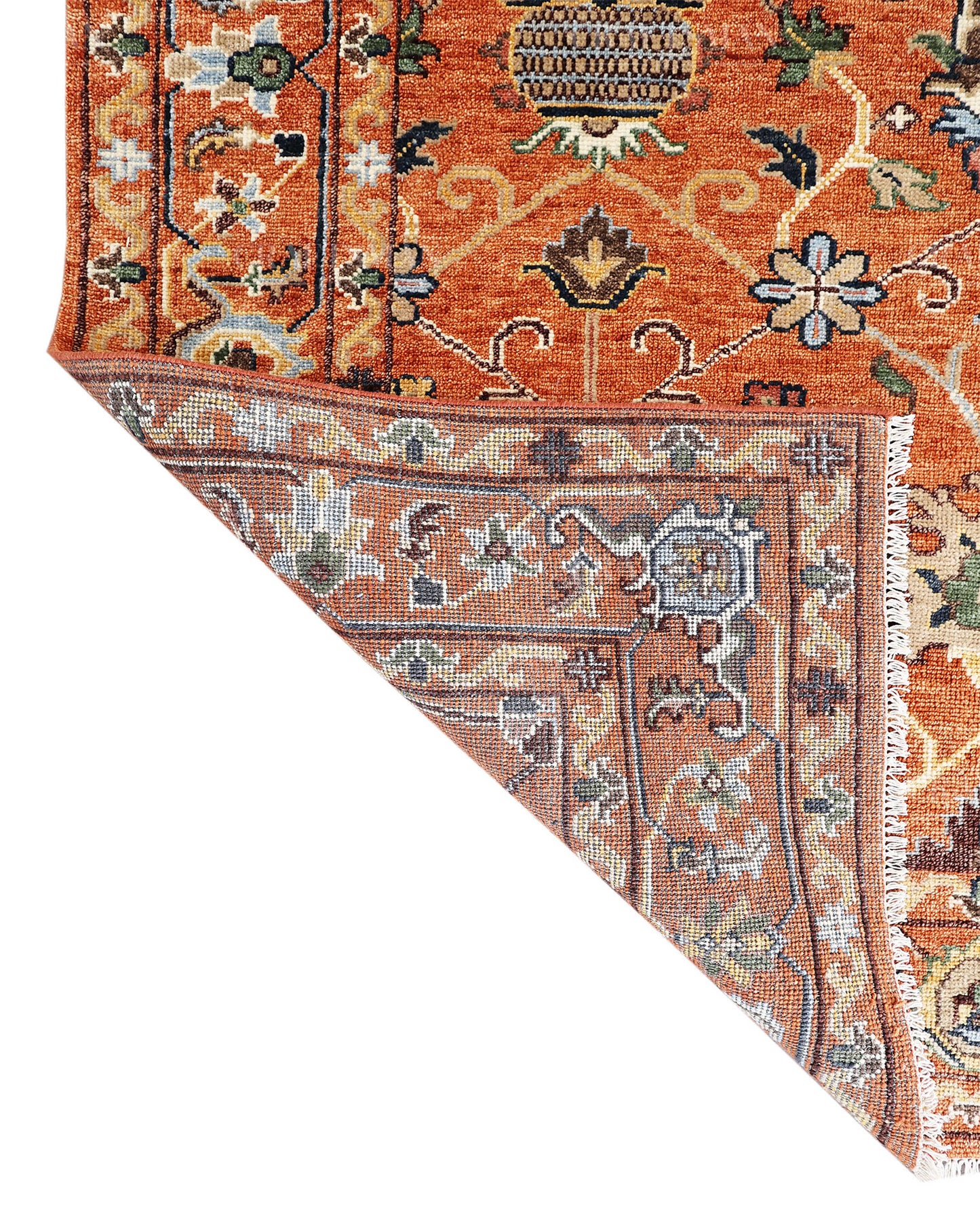 Hand Knotted Oushak Rug – Vintage Burnt Orange Floral Persian Area Rug with Botanical Medallion Design, Traditional Wool Handmade Carpet