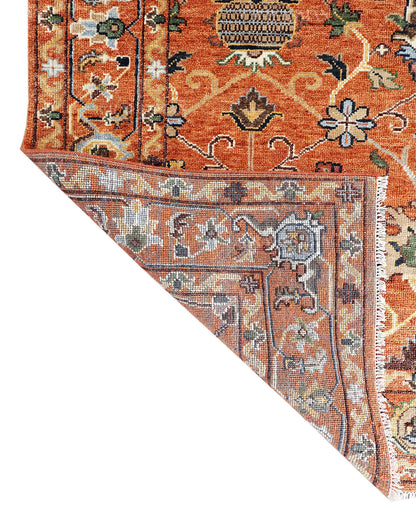 Hand Knotted Oushak Rug – Vintage Burnt Orange Floral Persian Area Rug with Botanical Medallion Design, Traditional Wool Handmade Carpet