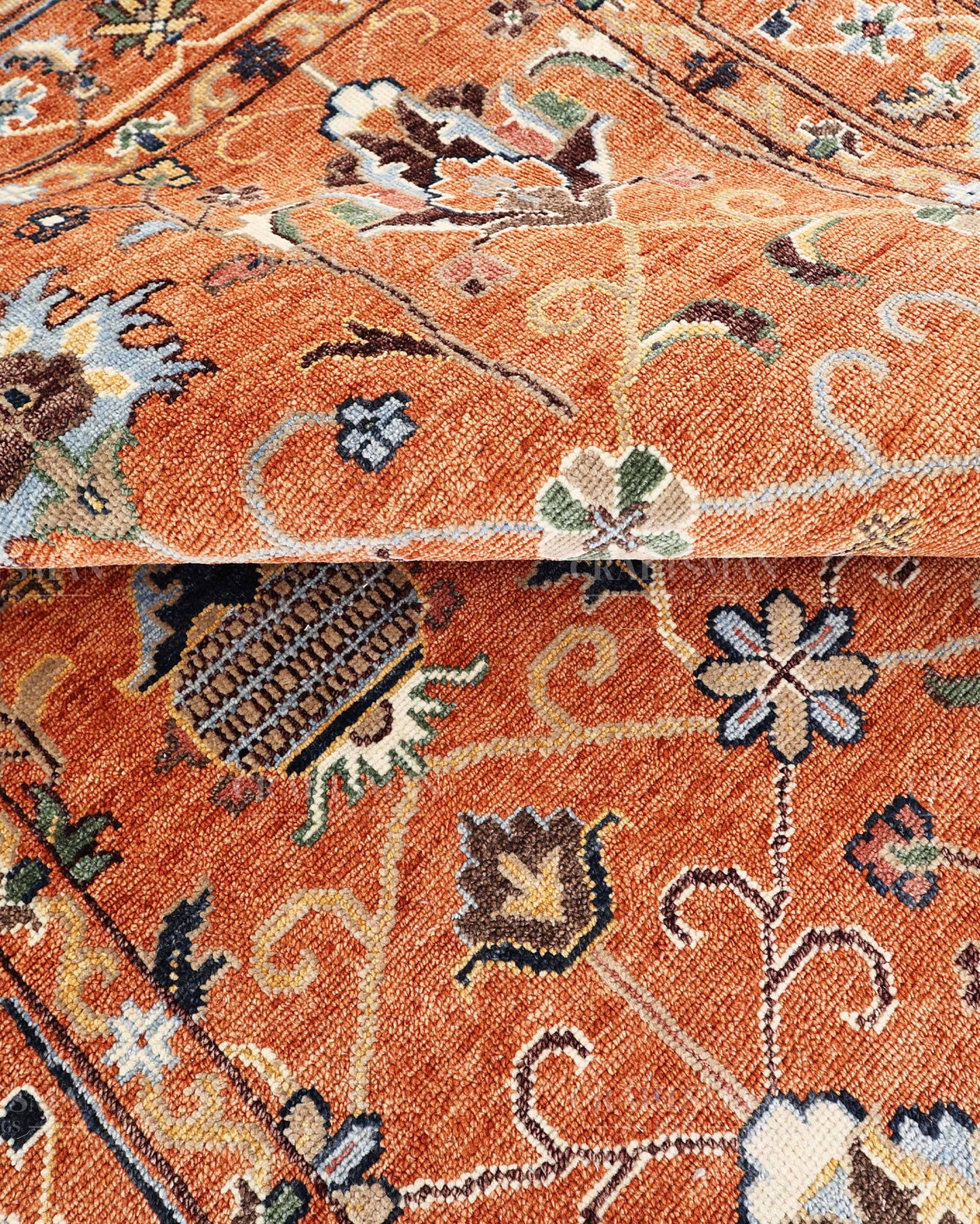 Hand Knotted Oushak Rug – Vintage Burnt Orange Floral Persian Area Rug with Botanical Medallion Design, Traditional Wool Handmade Carpet