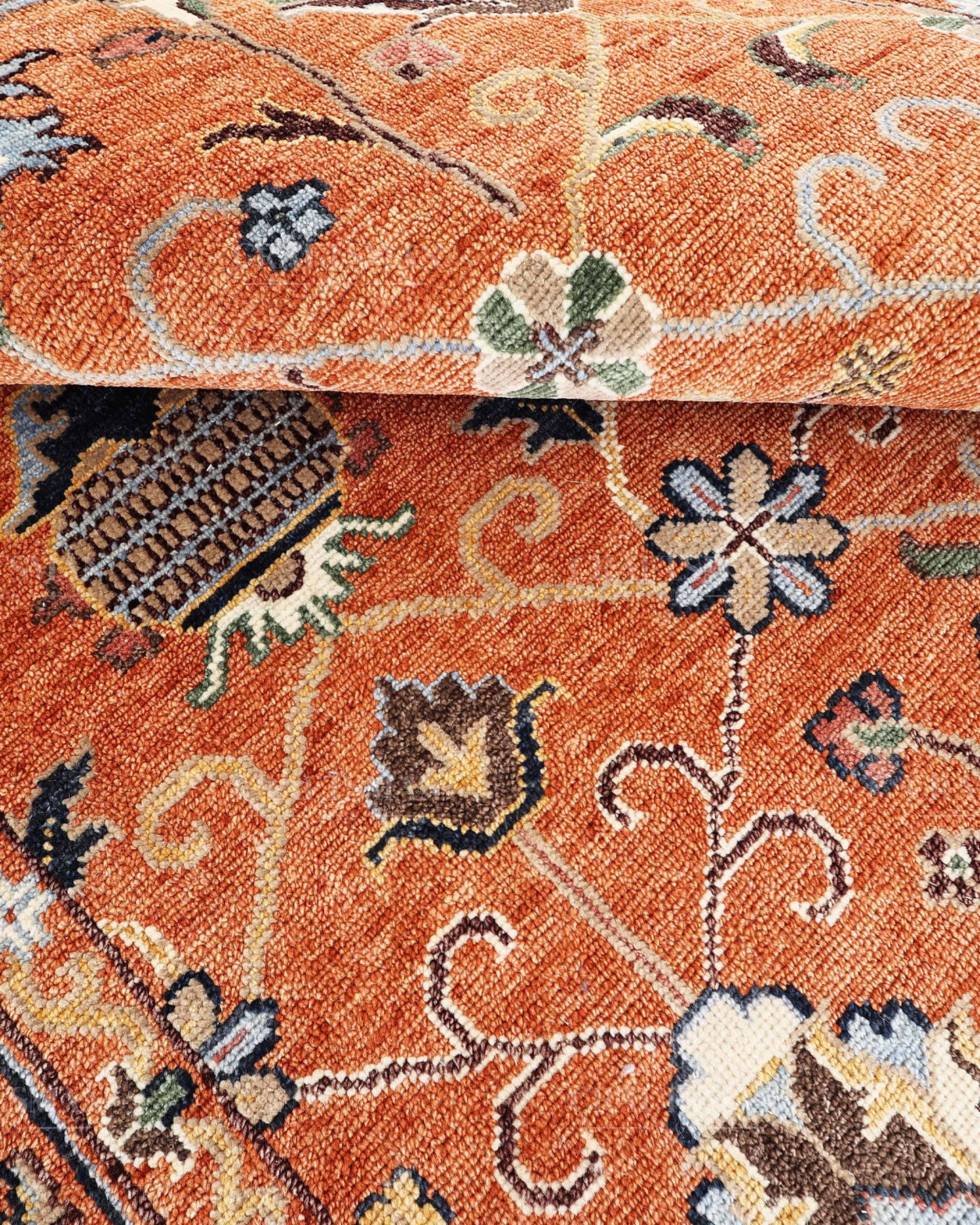 Hand Knotted Oushak Rug – Vintage Burnt Orange Floral Persian Area Rug with Botanical Medallion Design, Traditional Wool Handmade Carpet
