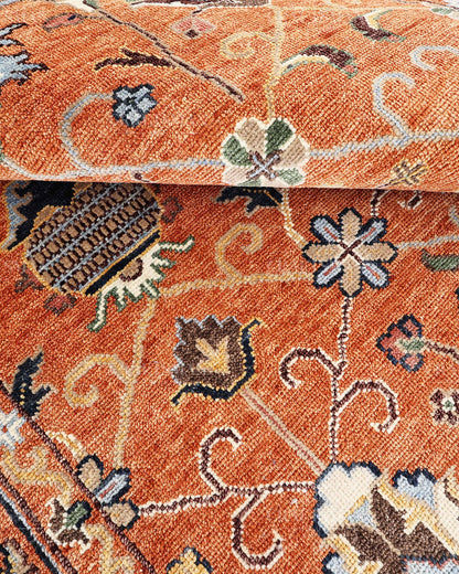 Hand Knotted Oushak Rug – Vintage Burnt Orange Floral Persian Area Rug with Botanical Medallion Design, Traditional Wool Handmade Carpet
