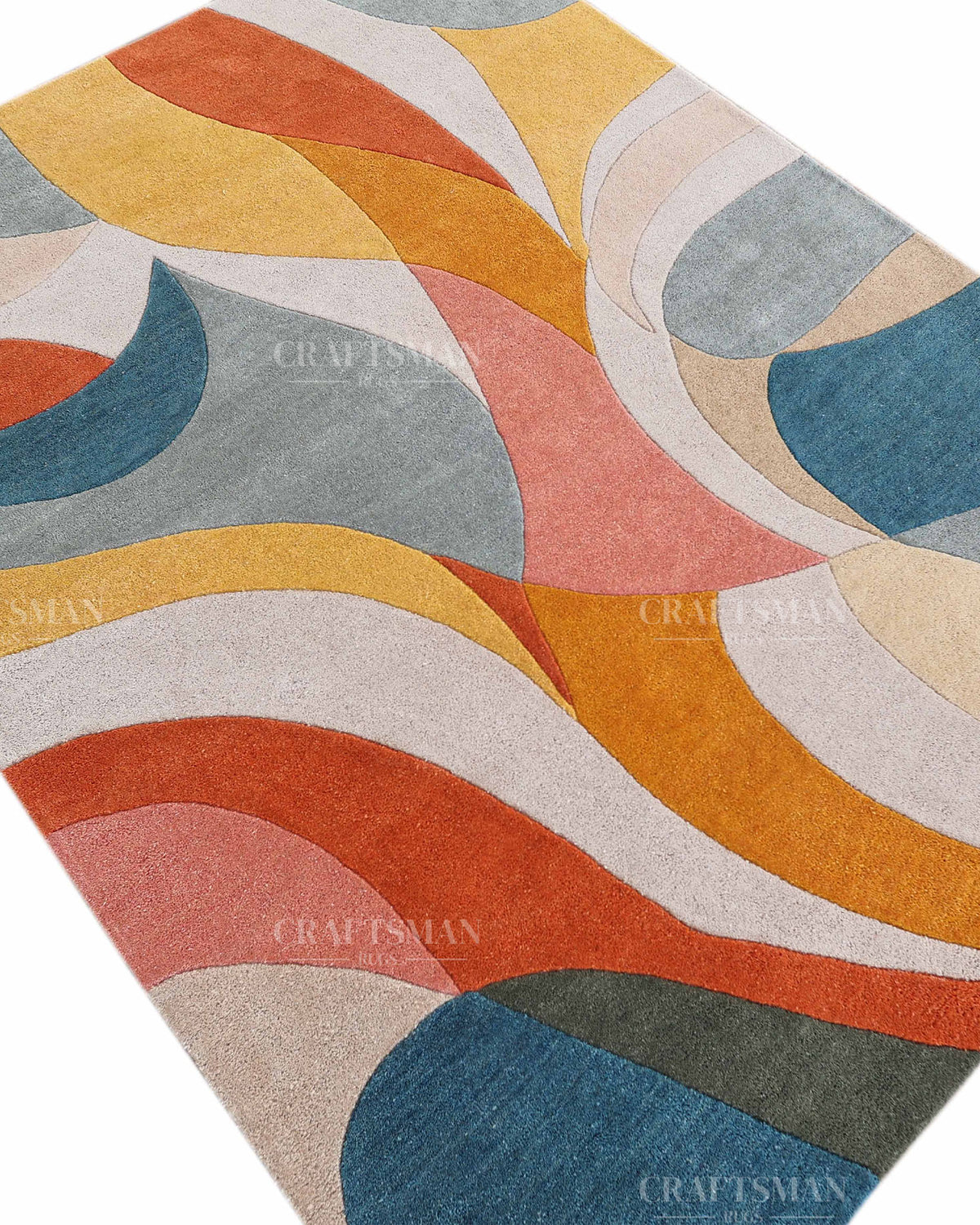 Modern Abstract Area Rug, Colorful Mid Century Modern Carpet, Teal Blue Rust Orange Mustard Yellow Pink Contemporary Living Room Rug