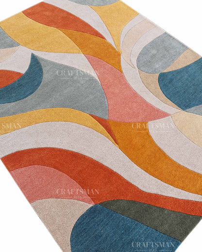 Modern Abstract Area Rug, Colorful Mid Century Modern Carpet, Teal Blue Rust Orange Mustard Yellow Pink Contemporary Living Room Rug