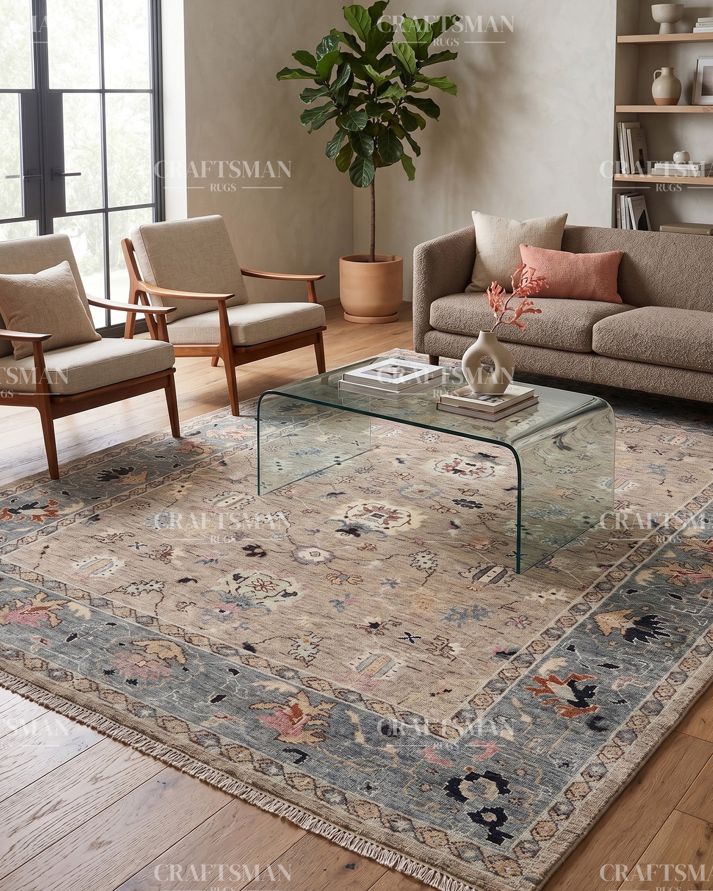 Hand Knotted Oushak Area Rug – Handmade Wool Traditional Floral Carpet in Beige & Blue – Luxury Vintage Style Rug for Living Room & Bedroom