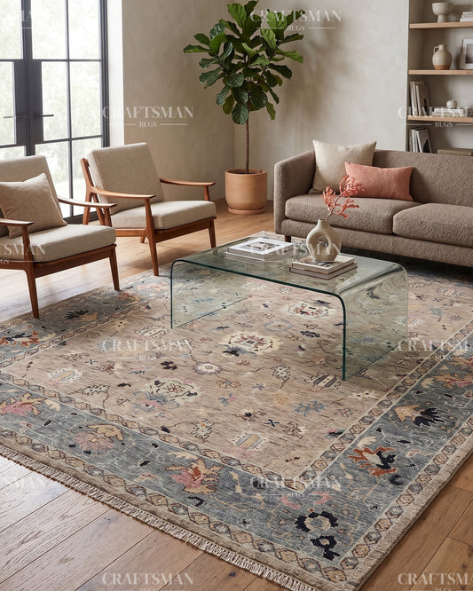 Hand Knotted Oushak Area Rug – Handmade Wool Traditional Floral Carpet in Beige & Blue – Luxury Vintage Style Rug for Living Room & Bedroom