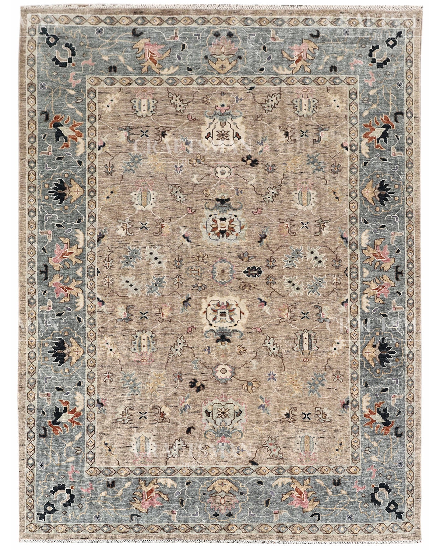 Hand Knotted Oushak Area Rug – Handmade Wool Traditional Floral Carpet in Beige & Blue – Luxury Vintage Style Rug for Living Room & Bedroom