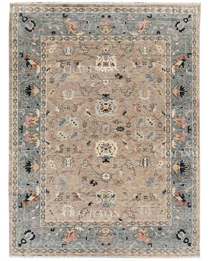 Hand Knotted Oushak Area Rug – Handmade Wool Traditional Floral Carpet in Beige & Blue – Luxury Vintage Style Rug for Living Room & Bedroom