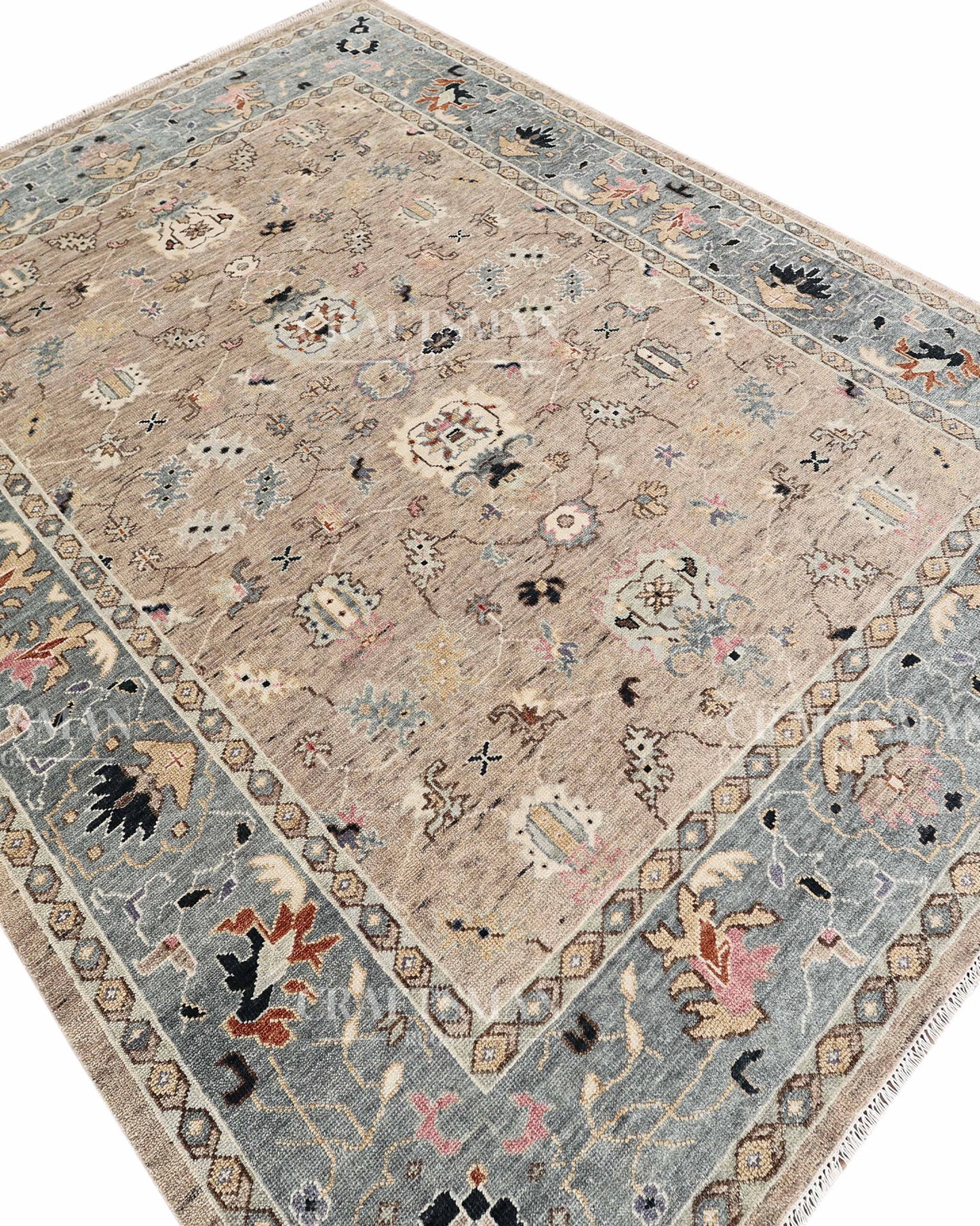 Hand Knotted Oushak Area Rug – Handmade Wool Traditional Floral Carpet in Beige & Blue – Luxury Vintage Style Rug for Living Room & Bedroom