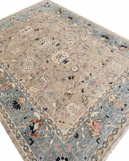 Hand Knotted Oushak Area Rug – Handmade Wool Traditional Floral Carpet in Beige & Blue – Luxury Vintage Style Rug for Living Room & Bedroom